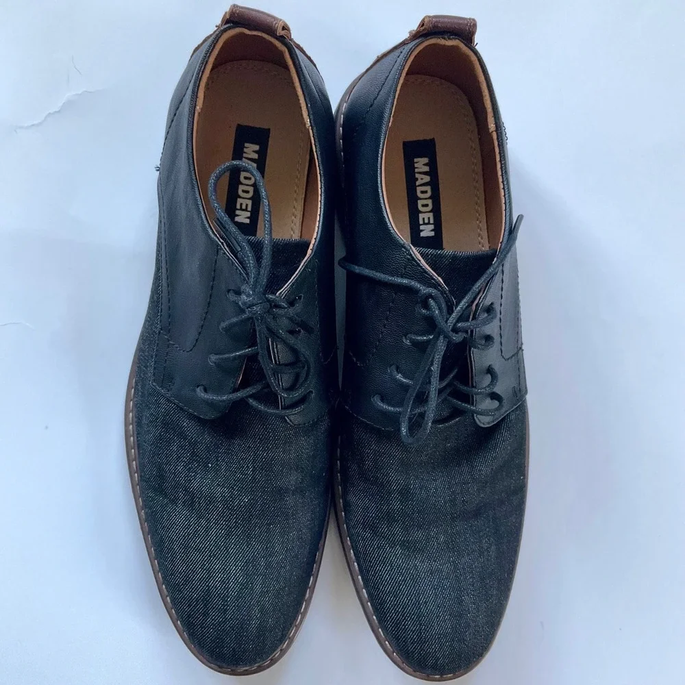 Madden‎ M-Yanton Mens Black Denim Faux Leather Oxford Dress Shoes 8.5 Minimalist